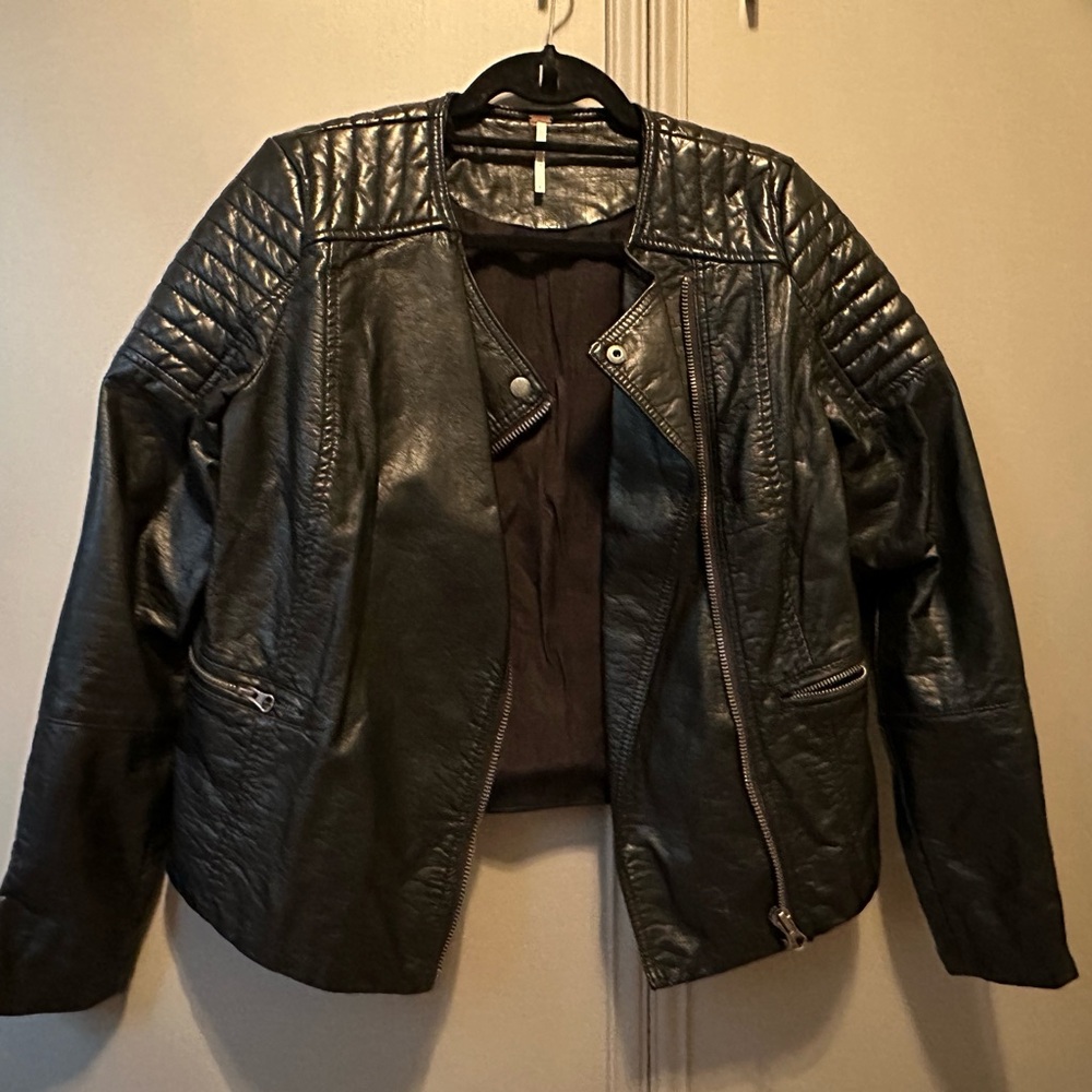 Free People Black Leather Moto Jacket with Quilted Shoulders